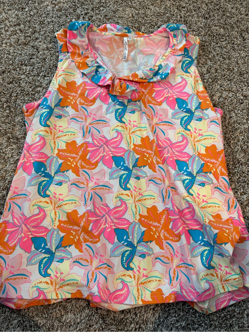 Lulu-B Sleeveless Tropical Floral Ruffle Dress - Pink, Orange & Blue